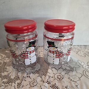 KIG Indonesia  5.25" christmas canister with Snowman Jars with Red Lids Set Of 2